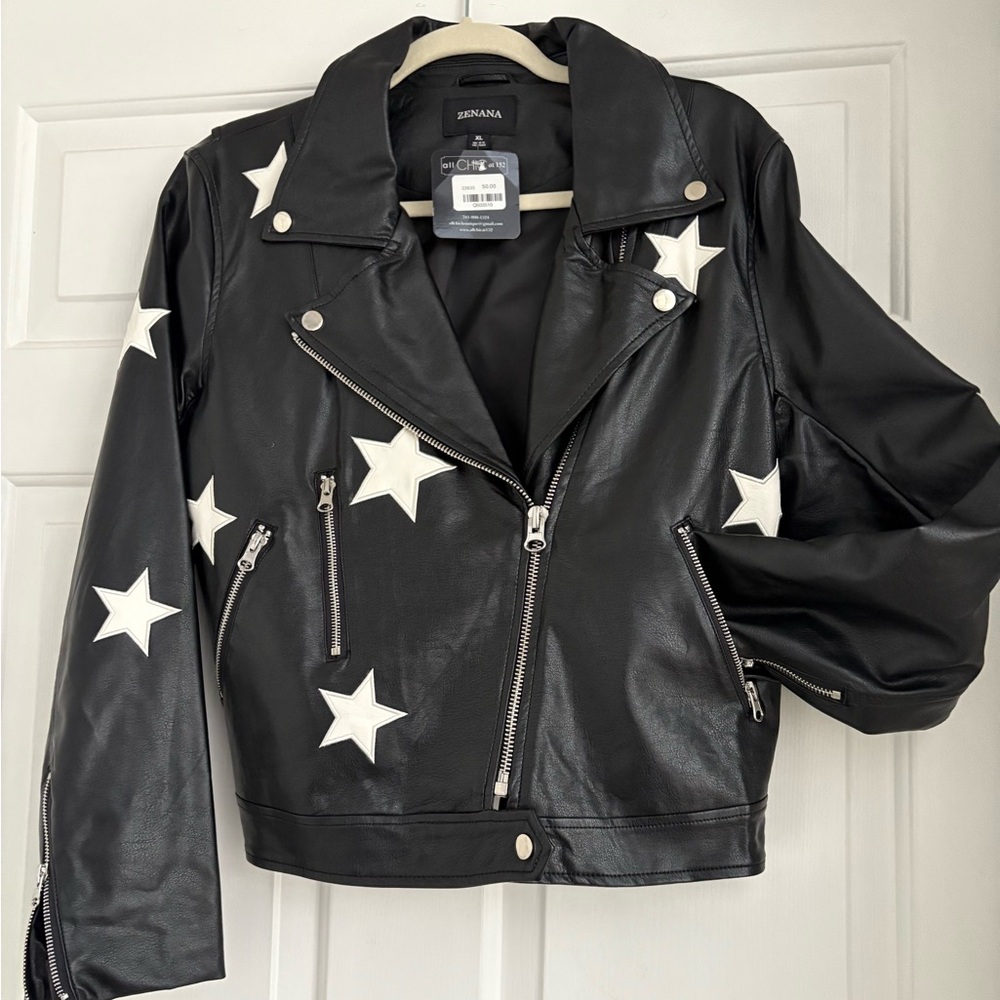 Zenana Outfitters Faux Black Leather Jacket with White Stars